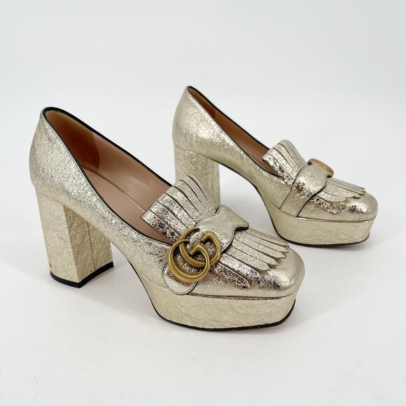Gucci Gold Metallic Crackled Leather GG Marmont Fringe Platform Heels EU 36 - Picture 3 of 16